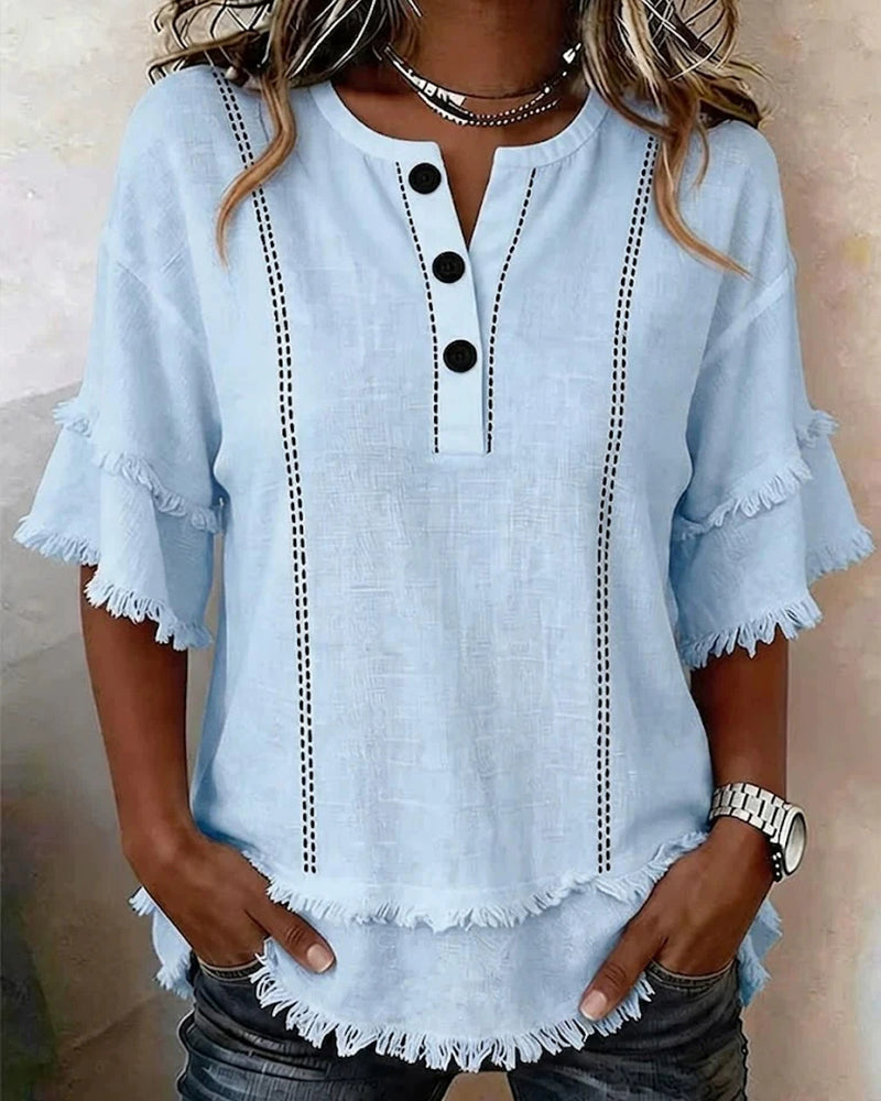 V-Neck Ruffle Layer Half Placket Button Blouse