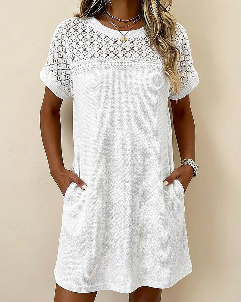 Waffle Knit Lace Panel Sheath Dress