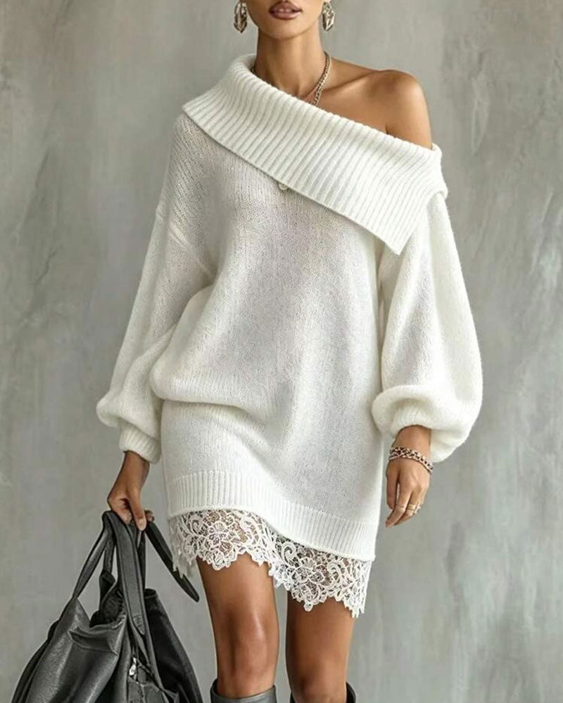 Slant Neck Lantern Sleeve Patchwork Lace Sweater Dress