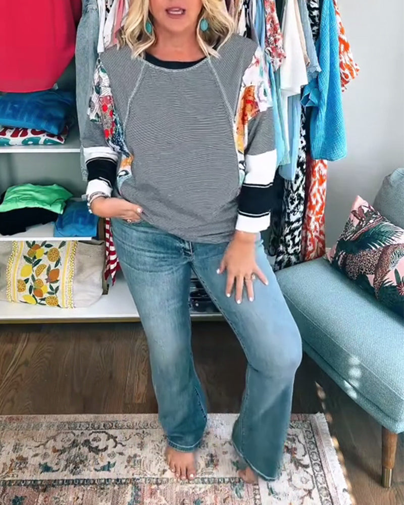 Long-Sleeved Color Block Striped Top