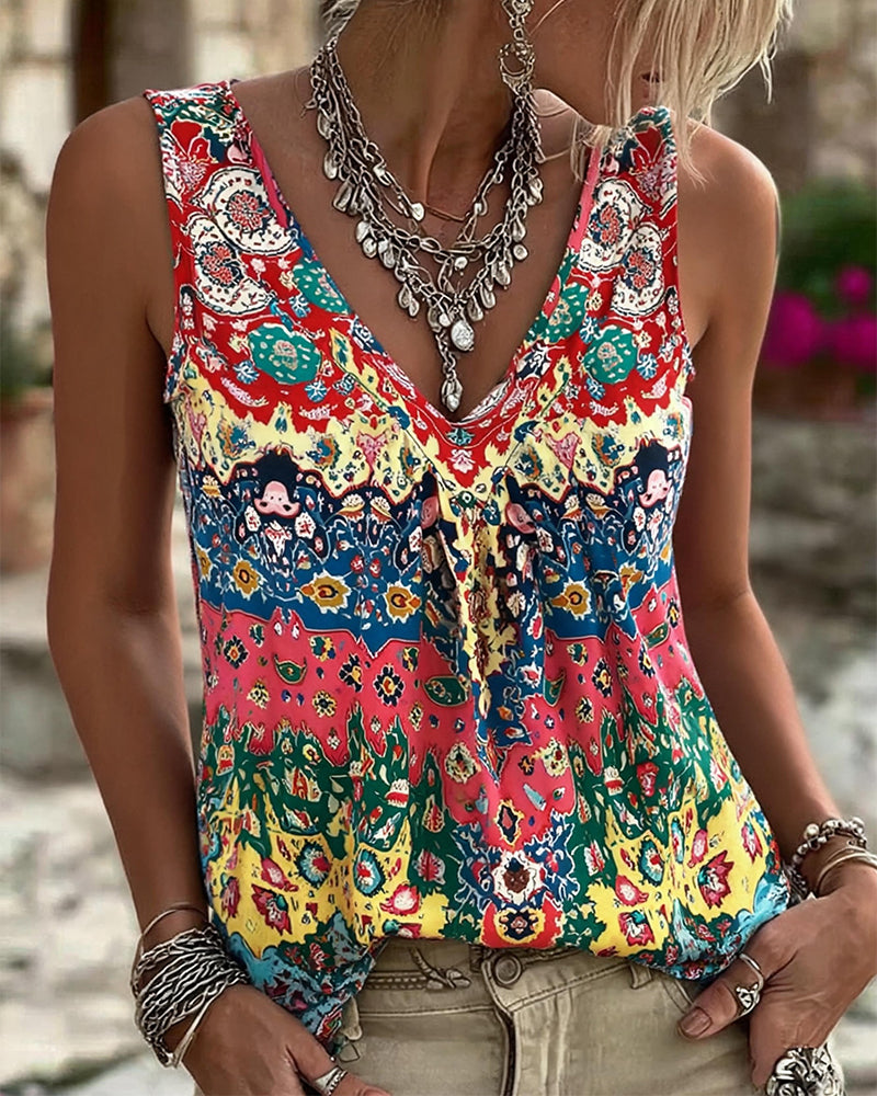 Ethnic Print V-Neck Sleeveless Tank Top