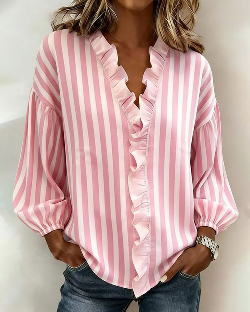 Ruffled Long-Sleeved Striped Blouse