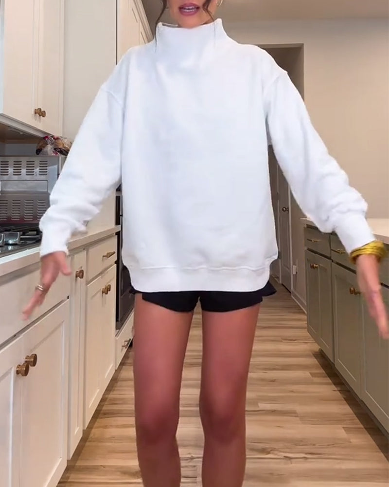 Casual High-Neck Solid Color Sweatshirt