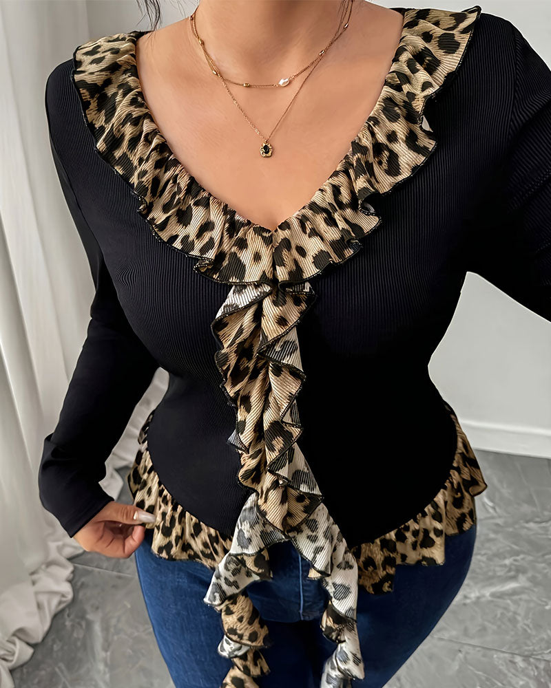 V-Neck Ruffle Leopard Print Top