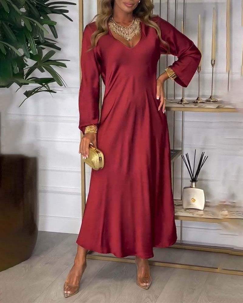 Long-Sleeved V-Neck Elegant Dress