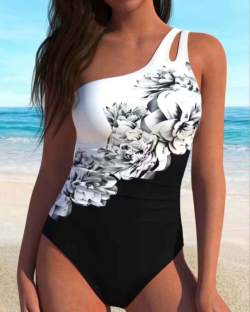 Petal Print One-Shoulder One-Piece Swimsuit
