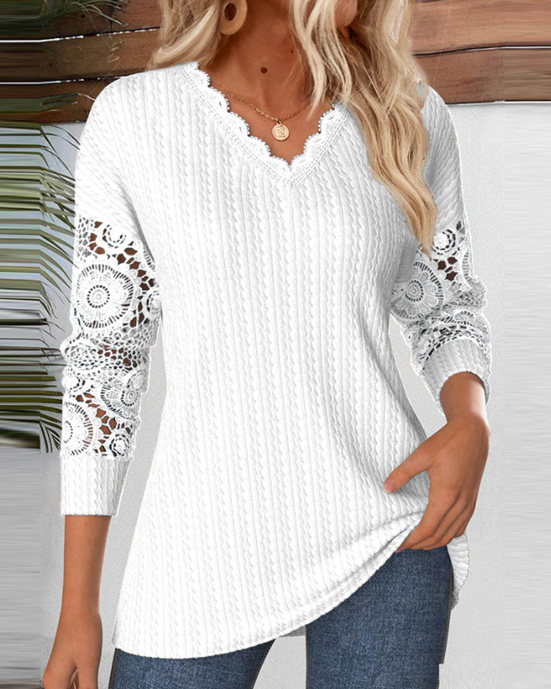 Casual V-Neck Hollow Lace Sleeve Top