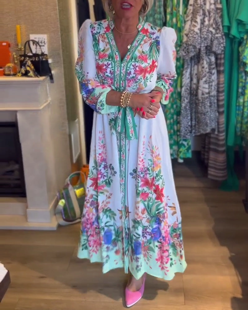 Floral print puff sleeve V-neck dress