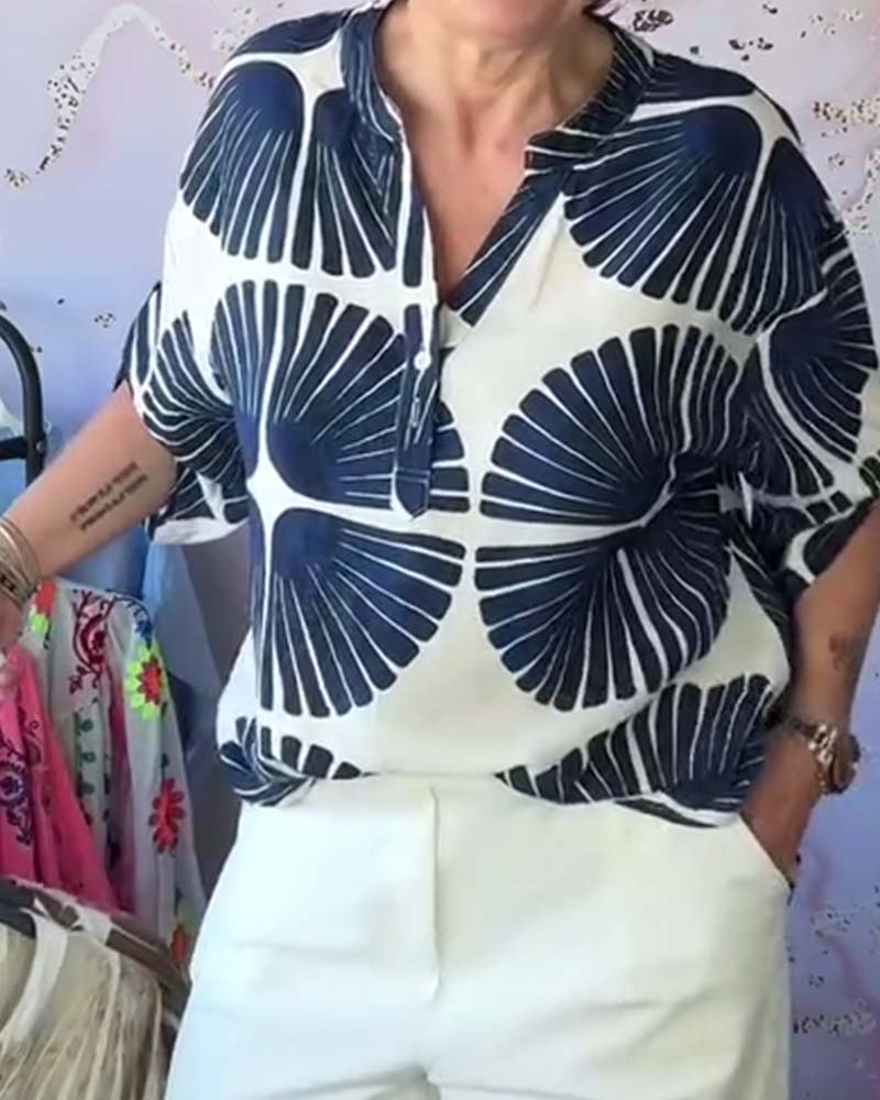 Fan-Print V-Neck Blouse