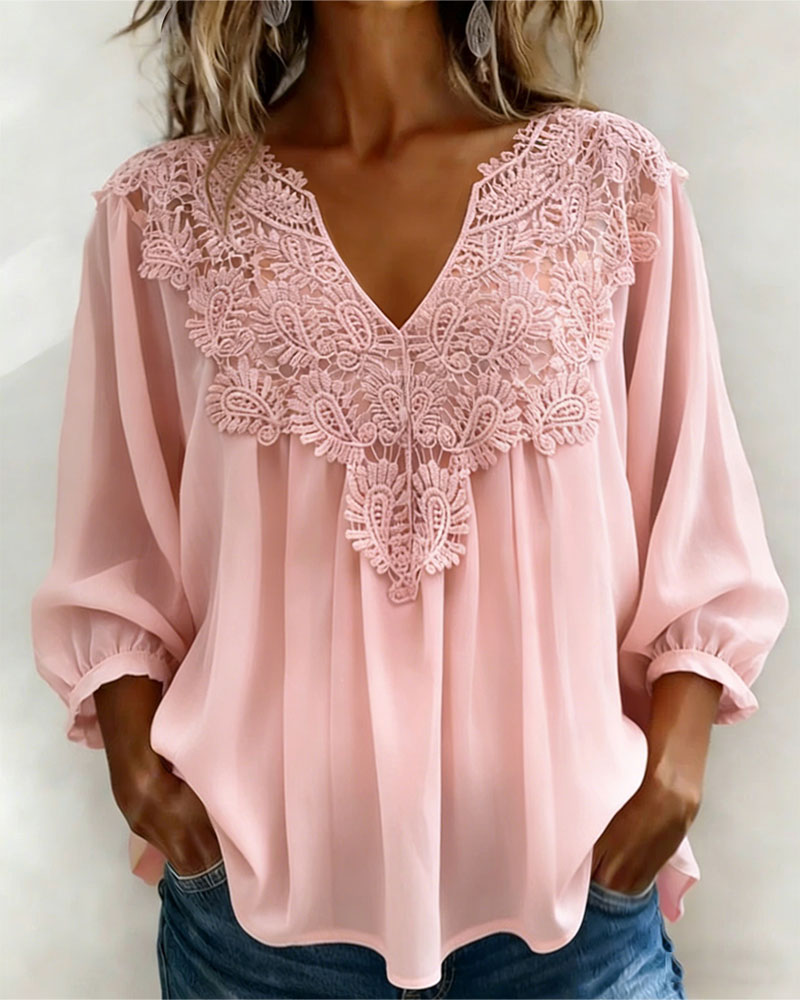 V-Neck Lace Solid Color Blouse