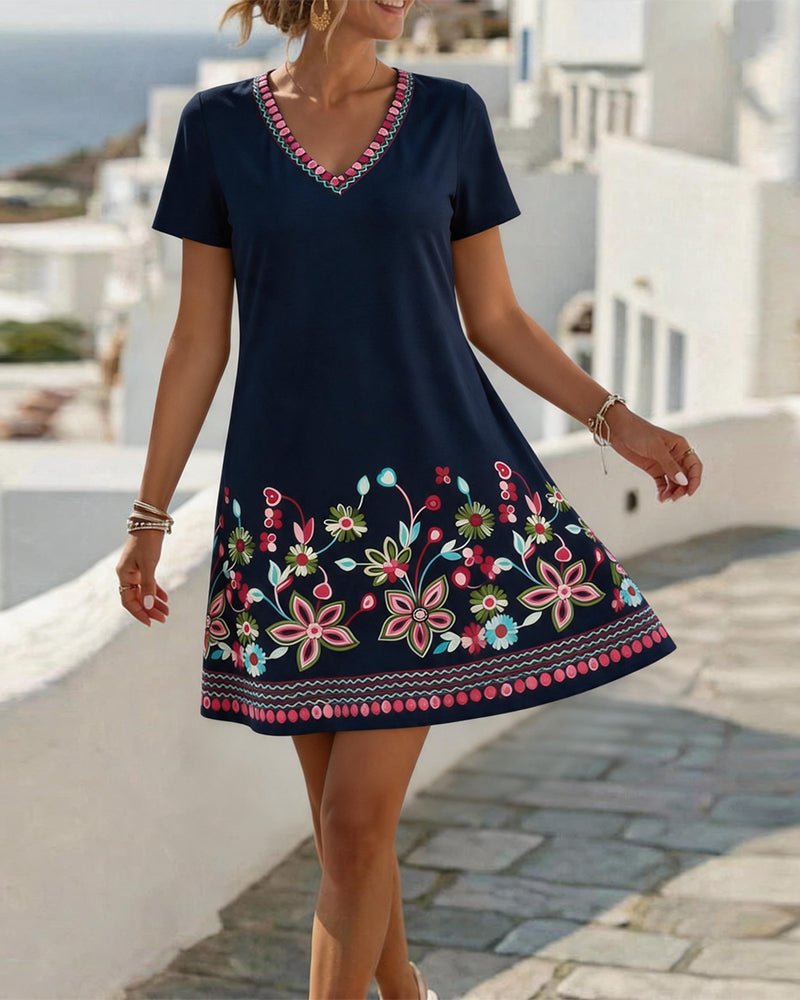 V Neck Placement Print A Line Dress