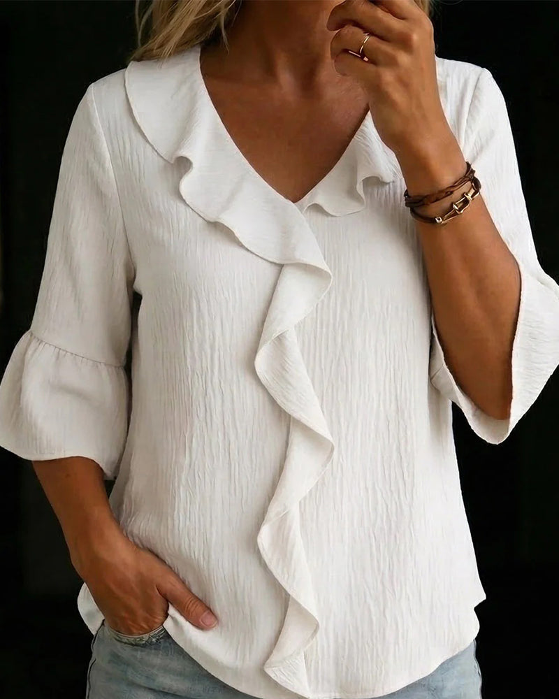 Textured Ruffled Bell Sleeve Blouse