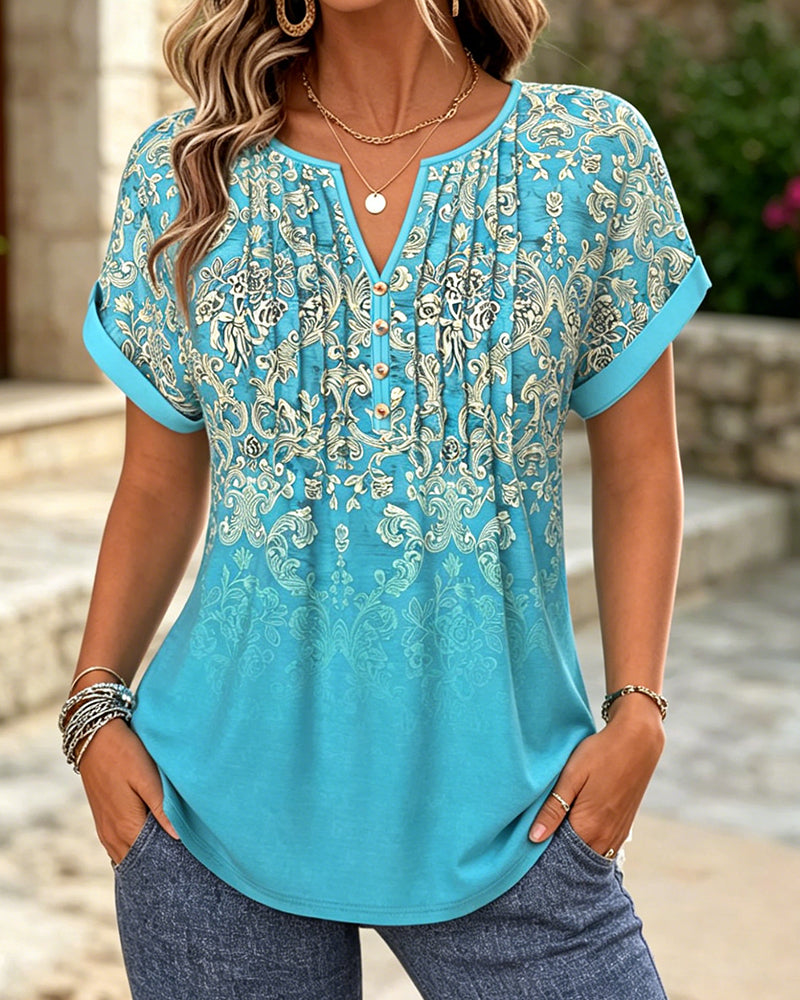 Gradient Floral Short Sleeve Blouse