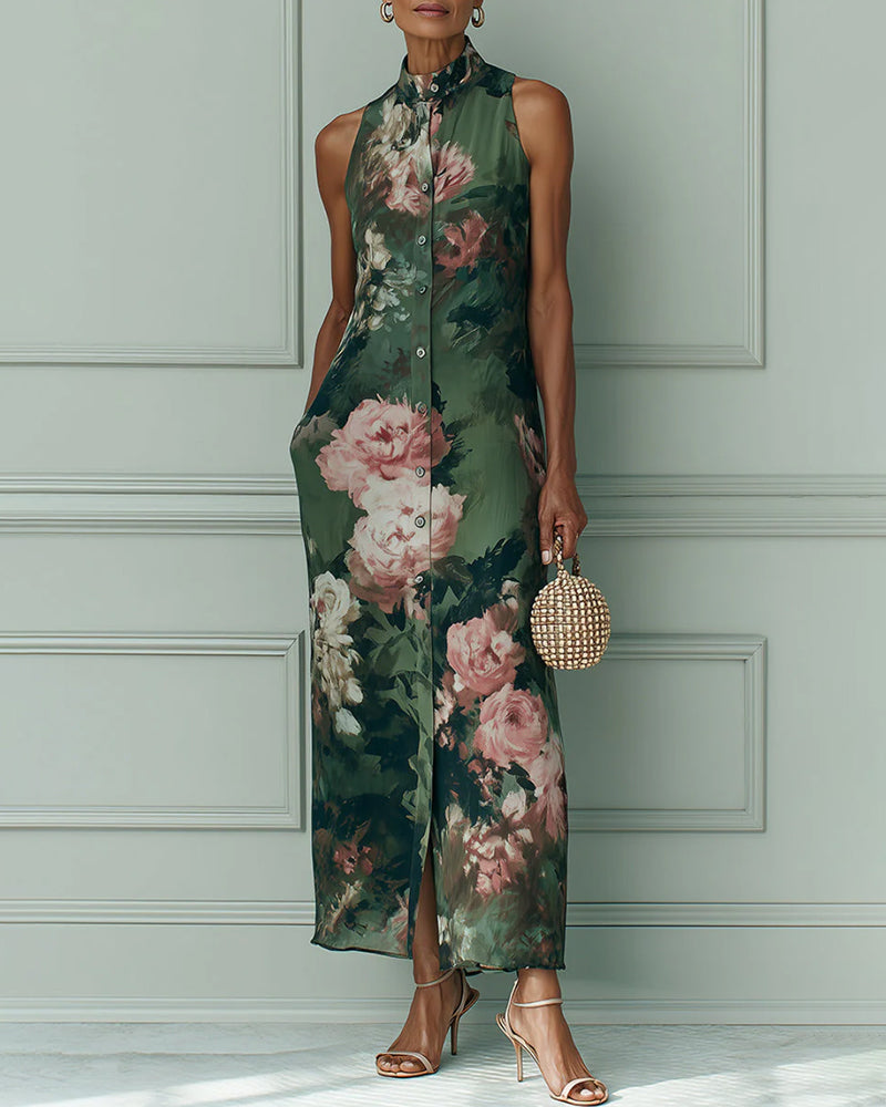 Sleeveless Floral Stand Collar Shirt Dress