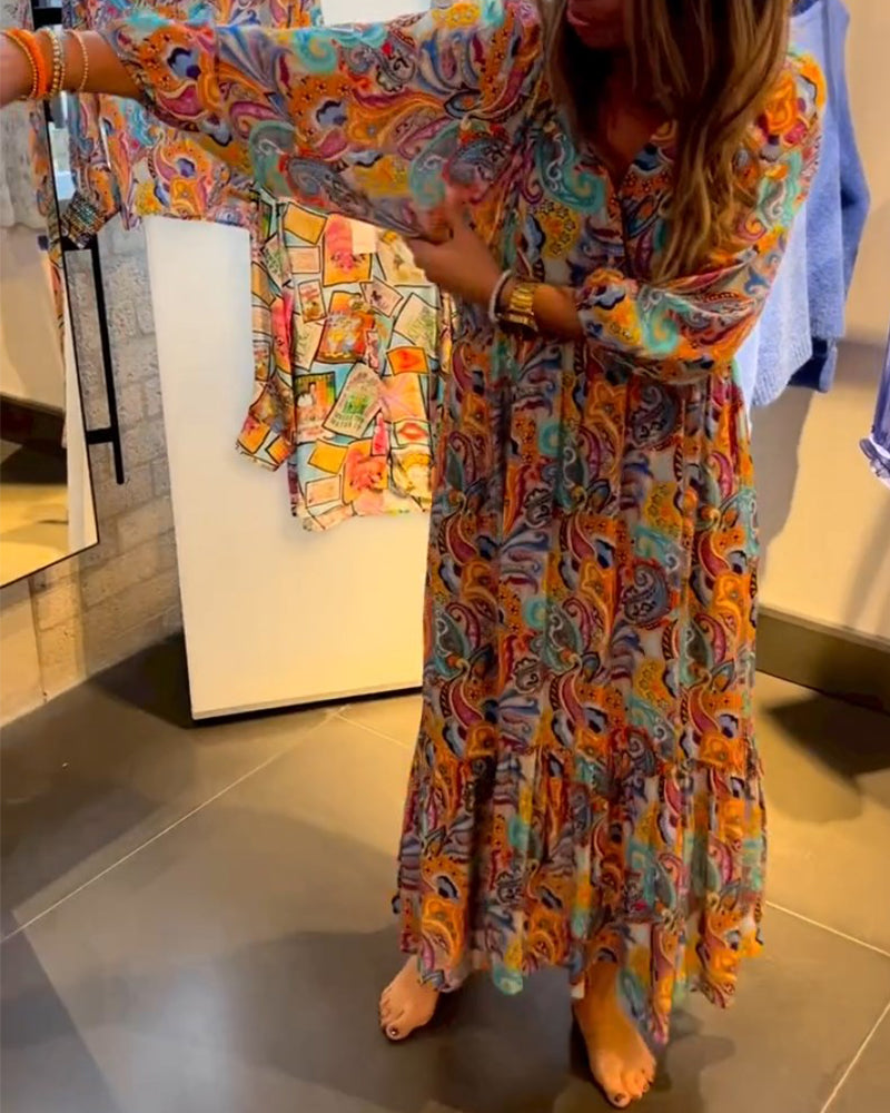 Print V neck A-Line Maxi Dress