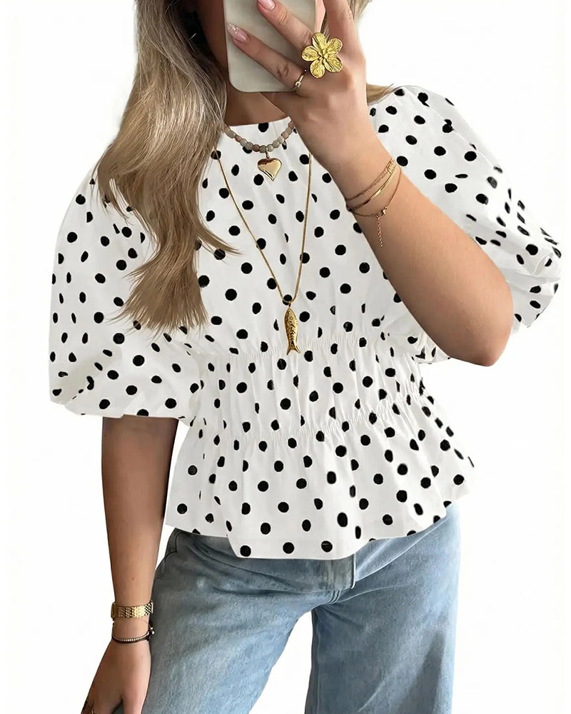 Polka Dot Off-Shoulder Waist-Cinching Bubble Sleeve Blouse