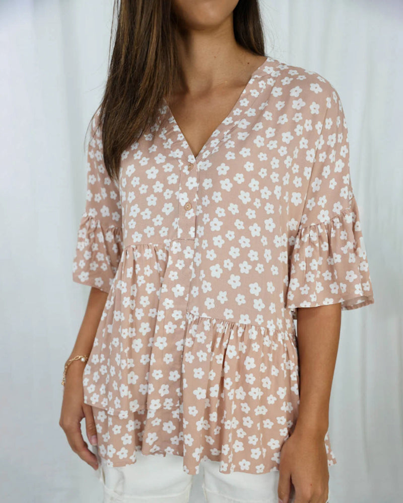 V-neck trumpet sleeves floral blouse