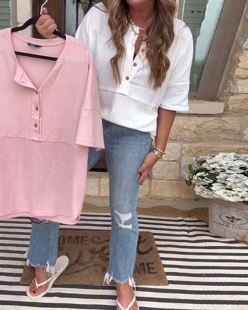 Button-Front Short-Sleeve Spliced Top