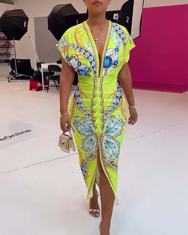 Deep V slit waist printed dress