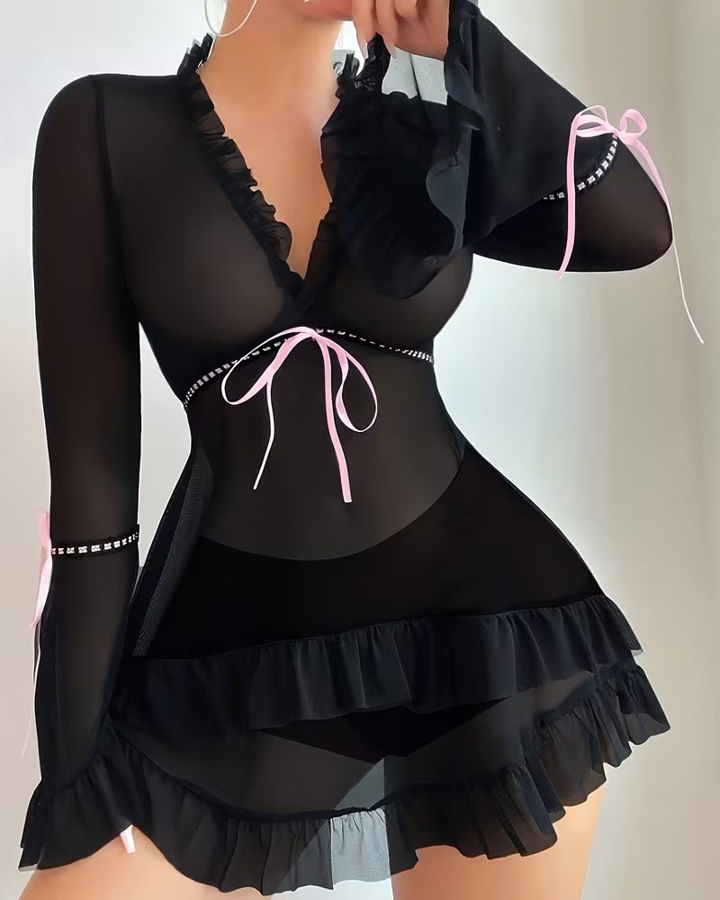 Long Sleeve Lace-Up See-Through Sleep Dress