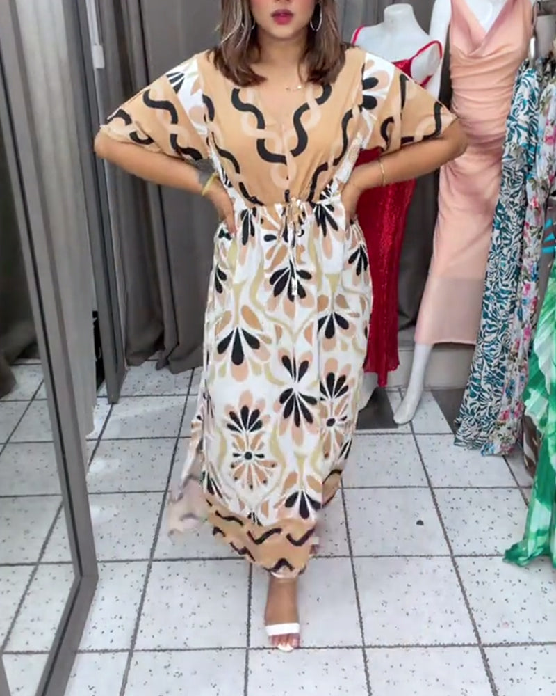 Color Block Floral Short Sleeve Maxi Dress