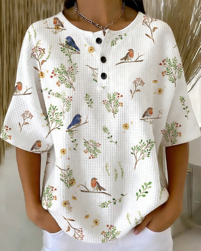 Round Neck Button Waffle T-Shirt