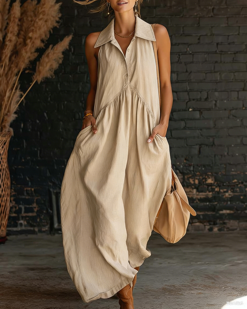 Sleeveless Shirt Collar Long Dress
