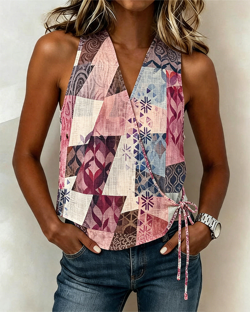 Casual Print Lace Up Blouse