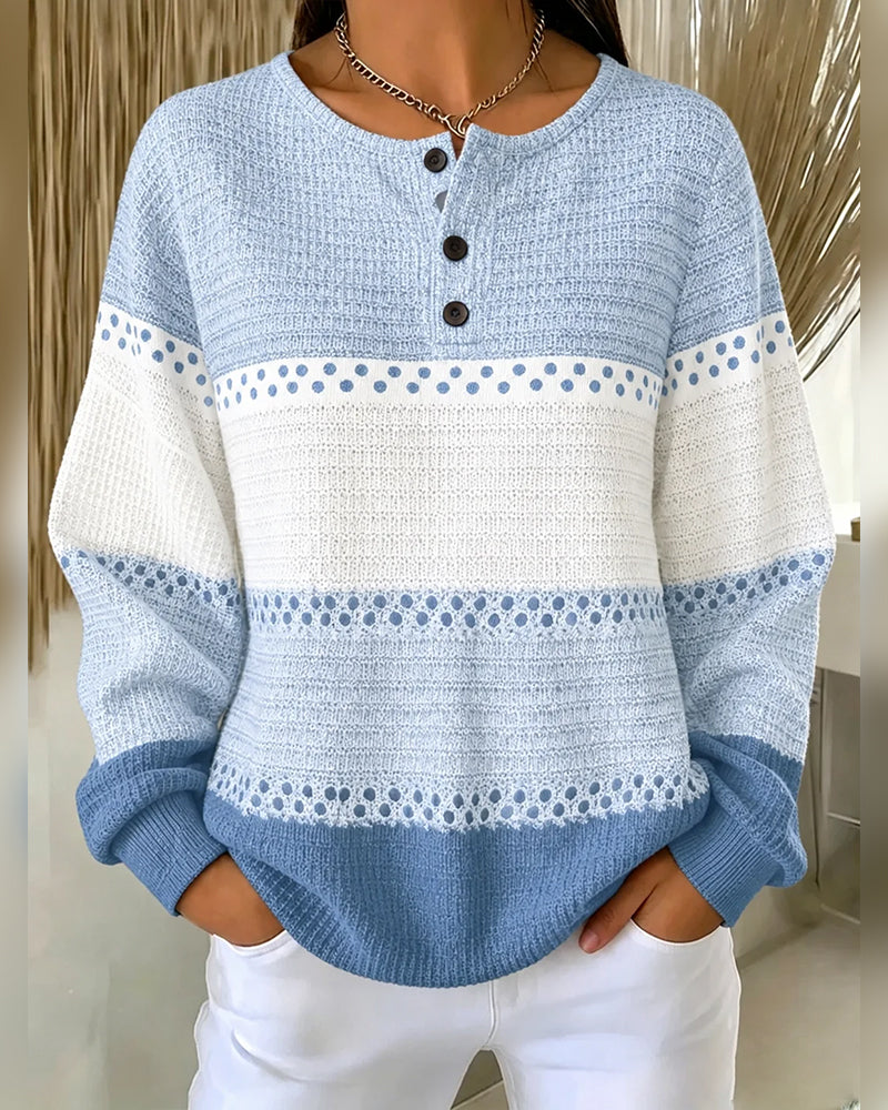 Color Block Waffle Knit Henley Pullover Sweatshirt