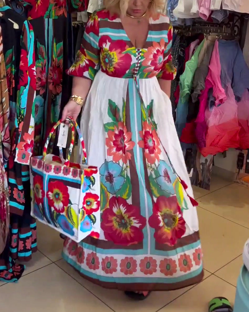 Deep V loose casual floral dress