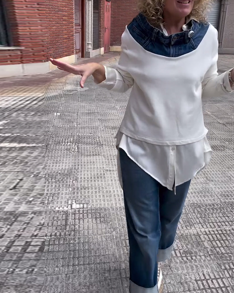 Casual Denim Patchwork Sweatshirt