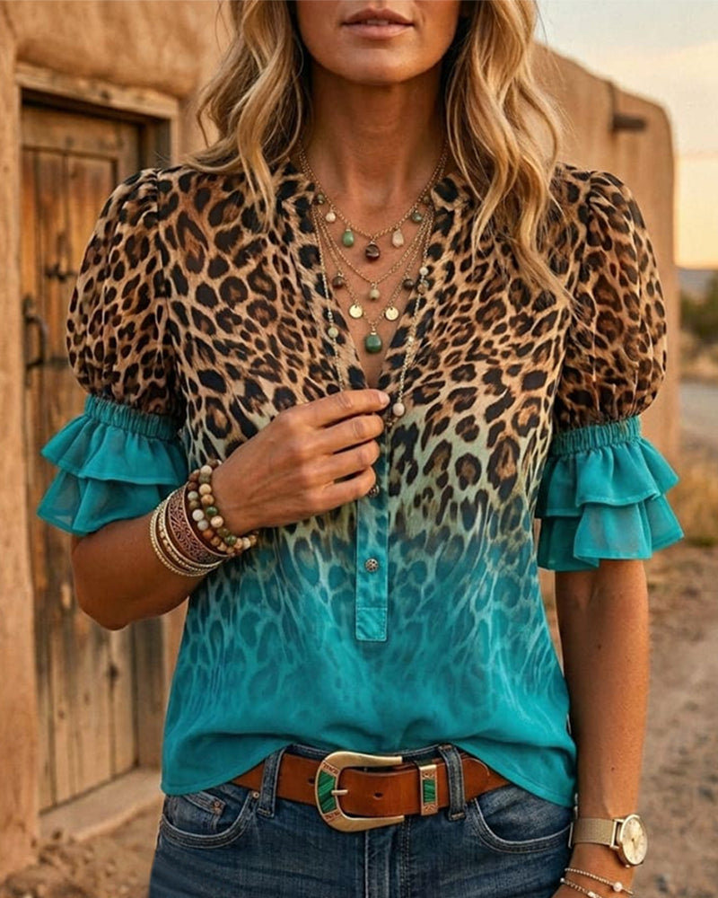 Leopard Print V-Neck Gradient Ruffle Blouse