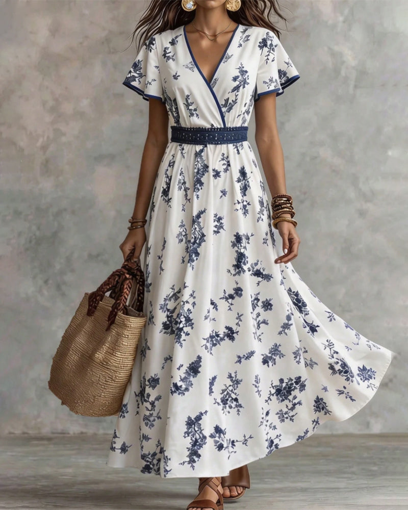 V-Neck Cinched-Waist Floral Maxi Dress
