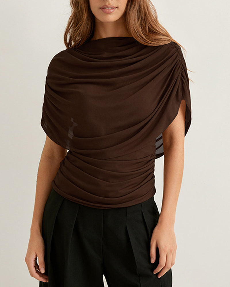 Mesh Scarf Neck Draped Slim Fit Blouse