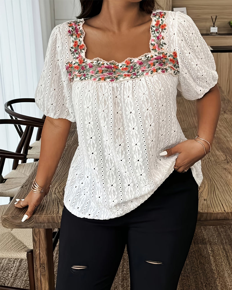 Square-Neck Floral Lace Blouses