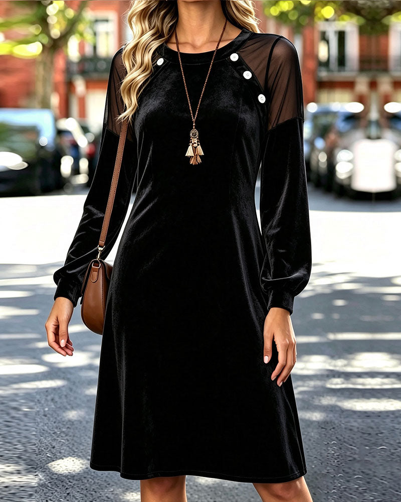 Crewneck Button Sheer A-Line Dress
