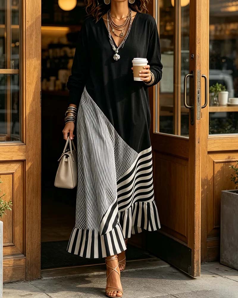 V-Neck Stripe Patchwork Ruffle Dress