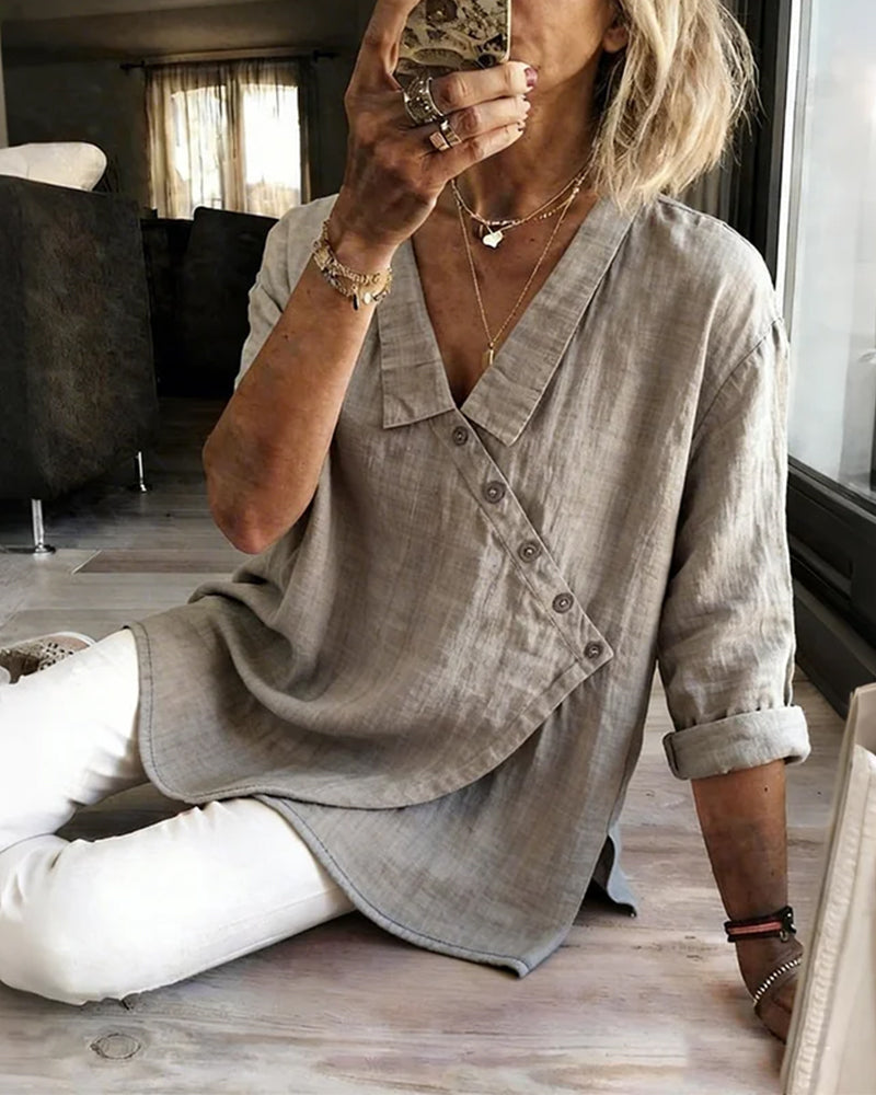 Asymmetrical Diagonal-Placket Collared Blouse