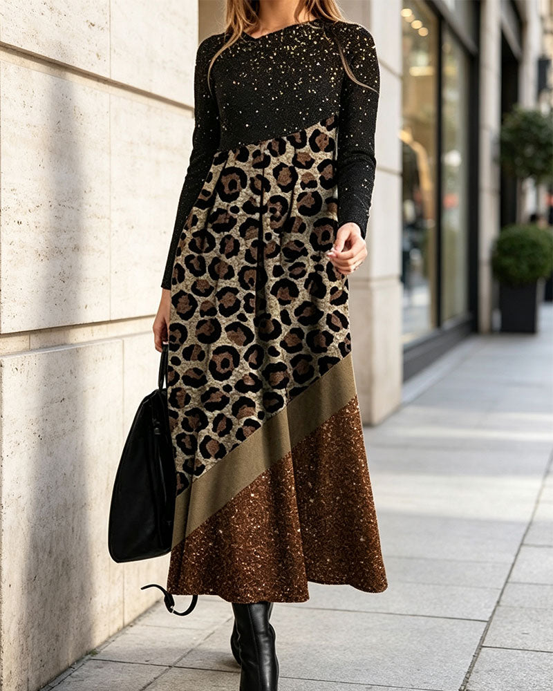 Leopard Print Patchwork Long Sleeve Dress