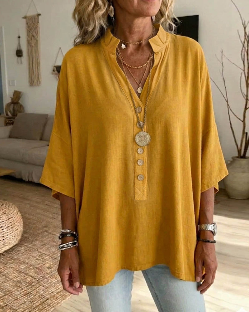 Solid-Color V-Neck Batwing Blouse