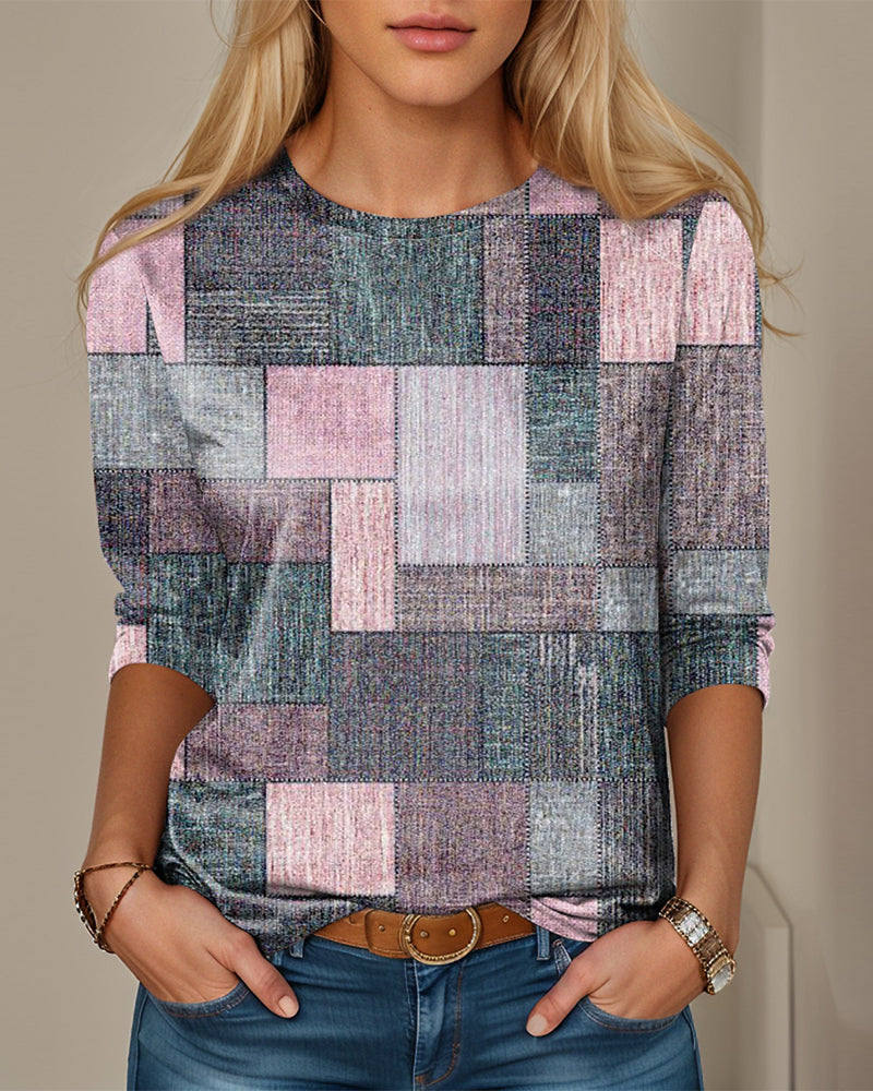 Color block checkered long sleeve top