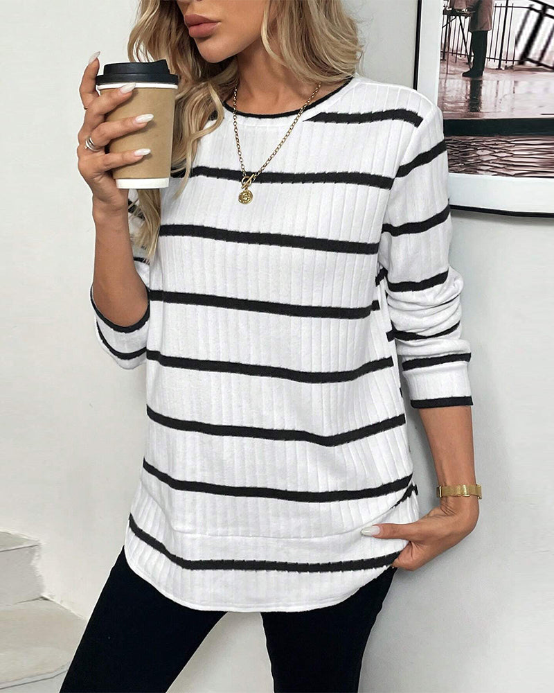 Long-Sleeved Black Striped Knit Top
