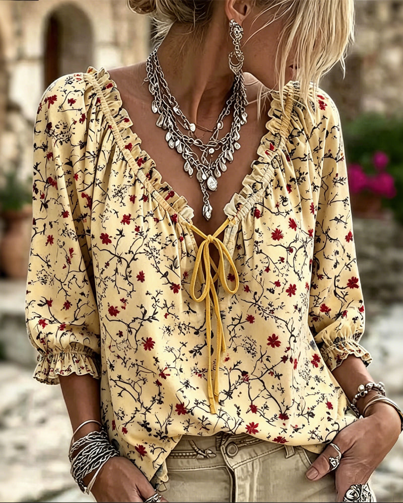 Small Red Flower Floral Tie Blouse