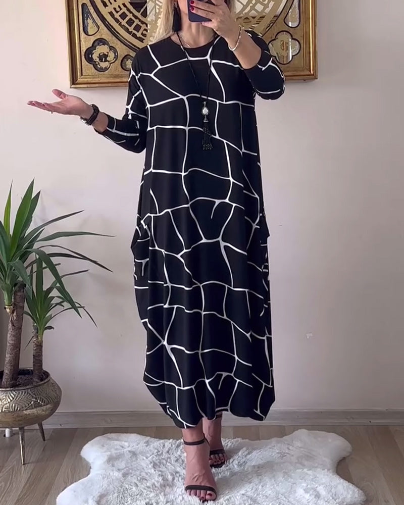 Round Neck Long Sleeve Pocket Loose Dress