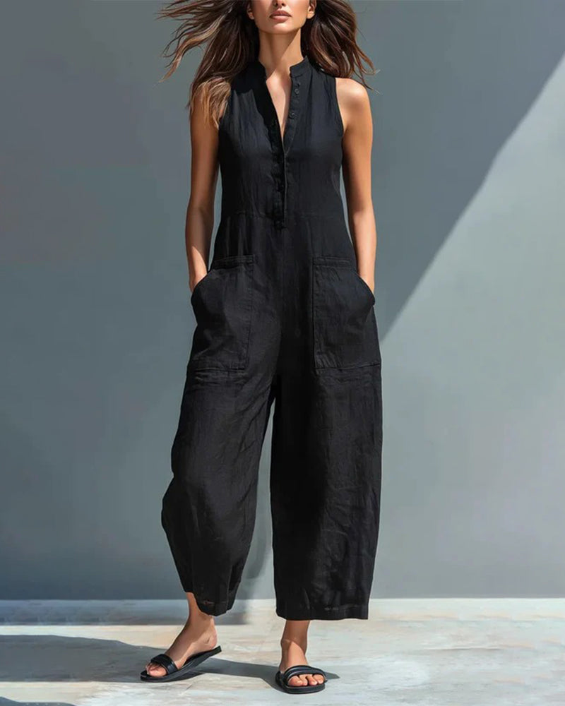 Sleeveless Stand-Up Collar Pocket Jumpsuit