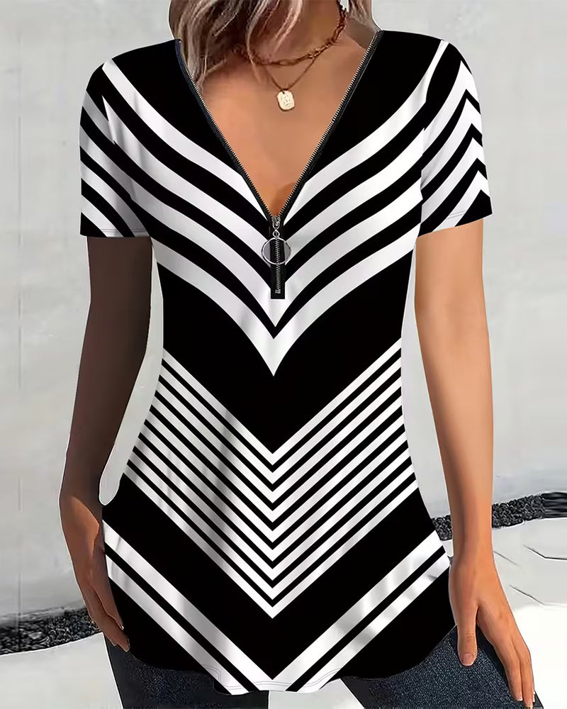 Zipper V-Neck Striped T-Shirt