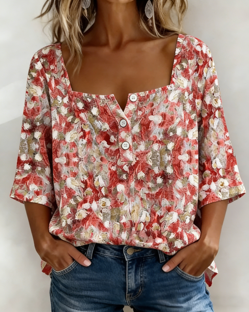 Floral Square Neck Half-Placket Three-Quarter Sleeve Blouse