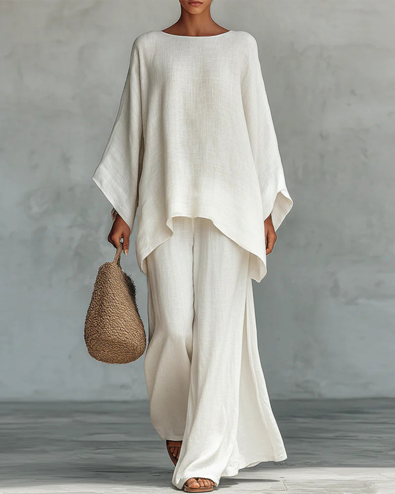 Solid color shirt and wide-leg pants suit