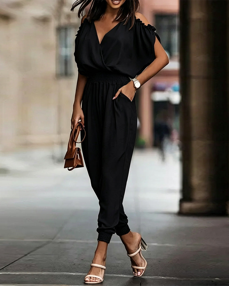 Solid Color V-Neck Jumpsuits