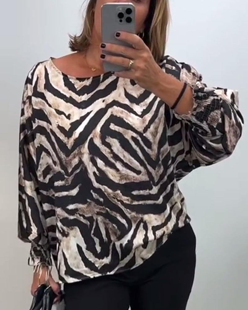 Casual zebra print round neck lantern sleeve blouse